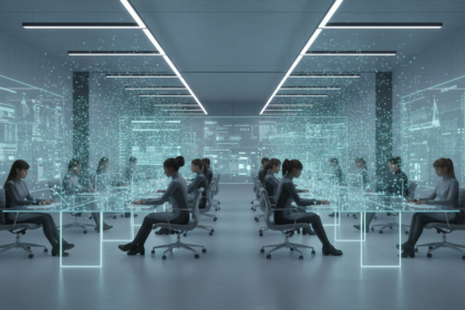 A visualization of AI leverage in business scaling showing a small team managing a global enterprise.