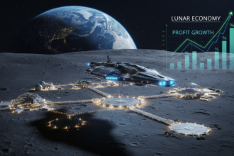 A conceptual visualization of Elon Musk’s Moon City Plan and its impact on global finance.