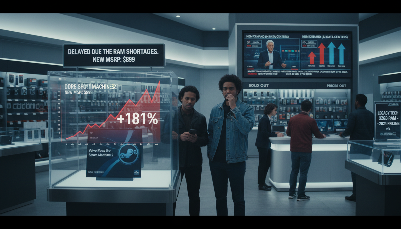 A conceptual image showing the RAM crisis impact on tech pricing through semiconductor manufacturing delays.